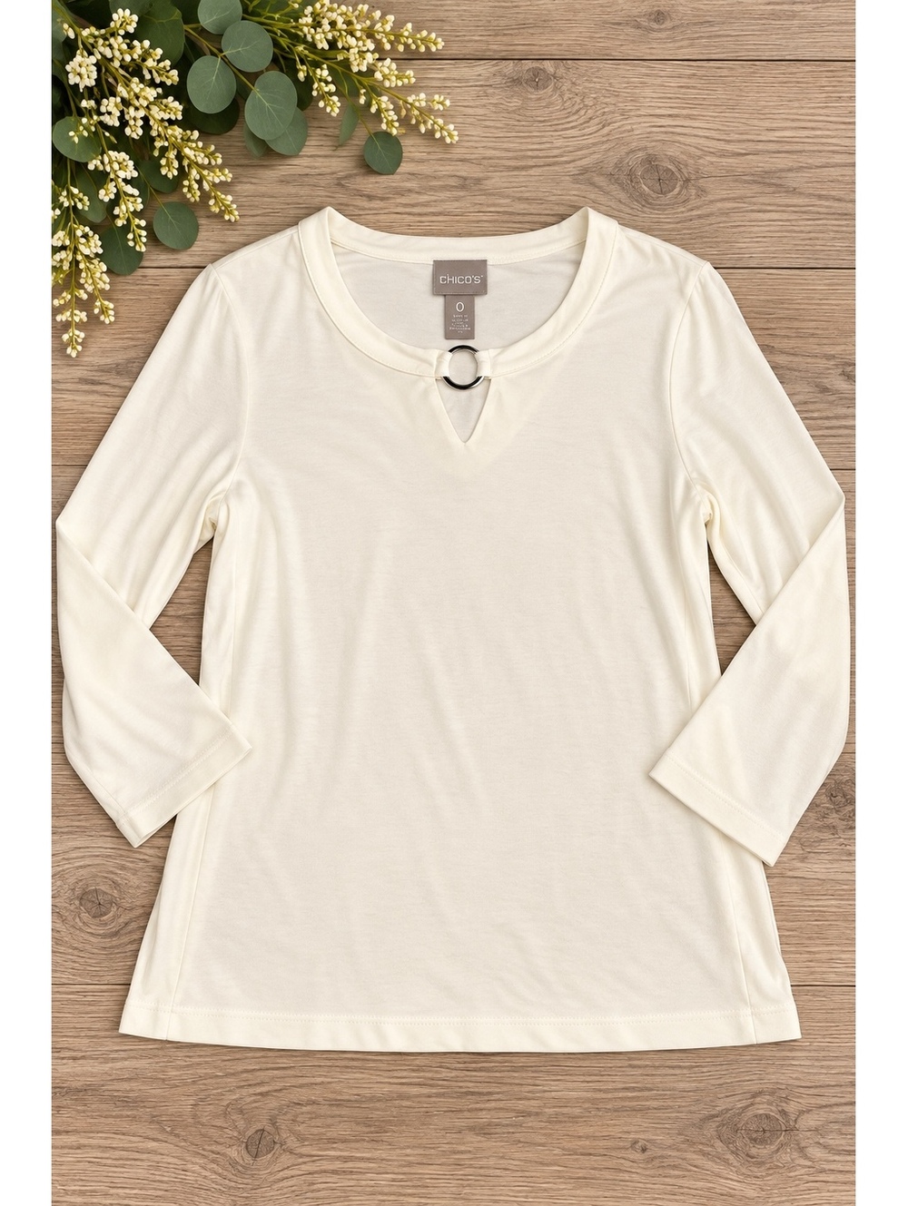 Chico's Women's Size 0 Ivory Long Sleeve Top with O-Ring Detail